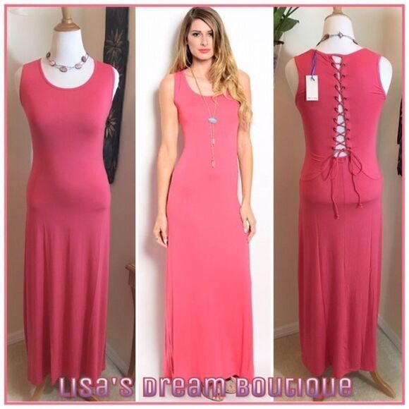 Pink Sleeveless Maxi Dress with Lace Down Corset Back - Picture 1 of 4